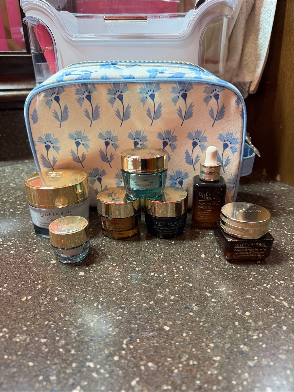 Estee Lauder Skincare Set with Blue and white Floral Pouch